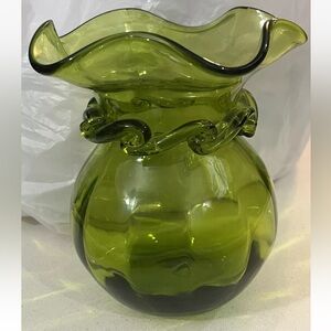Vintage Green Ruffle Top & Ribbon Around Neck Hand Blown Vase By Rainbow glass